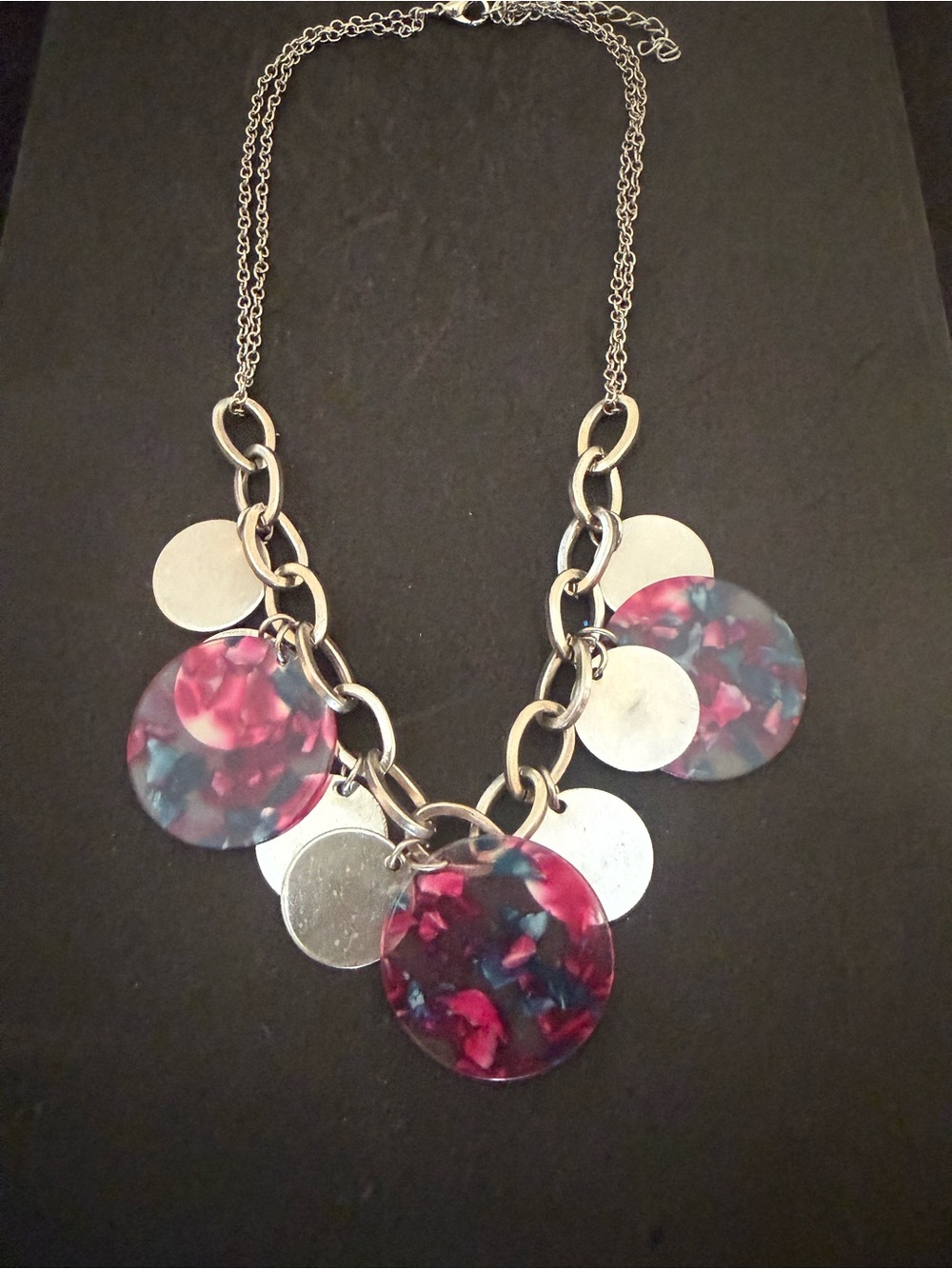 Women's Silver Chain Necklace with Pink Multicolor Resin Discs